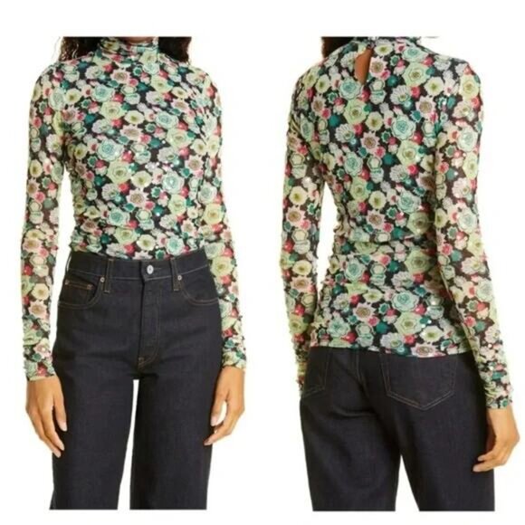 Cinq a Sept Sequin Embellished Shirred Mesh Turtleneck Top Long Sleeve Green S - Picture 2 of 8